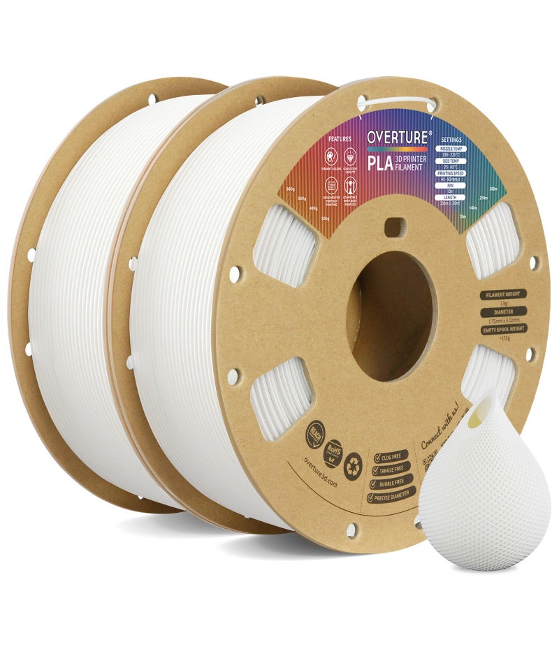 OVERTURE PLA Filament 1.75mm PLA 3D Printer Filament, 2kg Cardboard Spool (4.4lbs), Dimensional Accuracy +/- 0.02mm, Fit Most FDM Printer (White 2-Pack) - Image 1